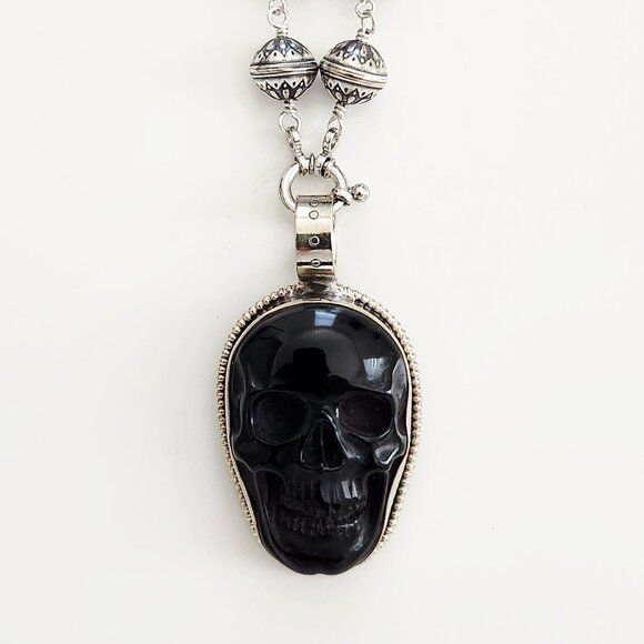 BLACK WHITE DRAGON VEIN AGATE W/ SKULL PENDANT--27" - Picture 2 of 4